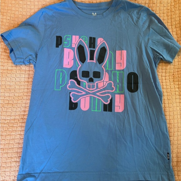 Psycho Bunny Men’s T-Shirt in Blue with Pink and Black Design size 3 (XS) - Picture 1 of 6